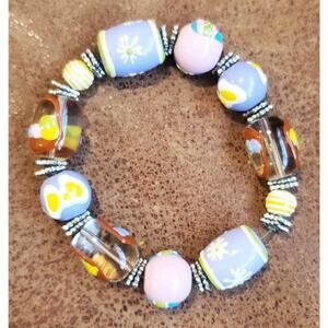 OOAK Artisan Made 3 Inch Handpainted Glass Silver Bead Easter Themed Bracelet